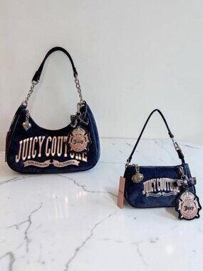 Juicy Couture Navy Blue University Shoulder Bag & Mini Wristlet Bag Set NWT